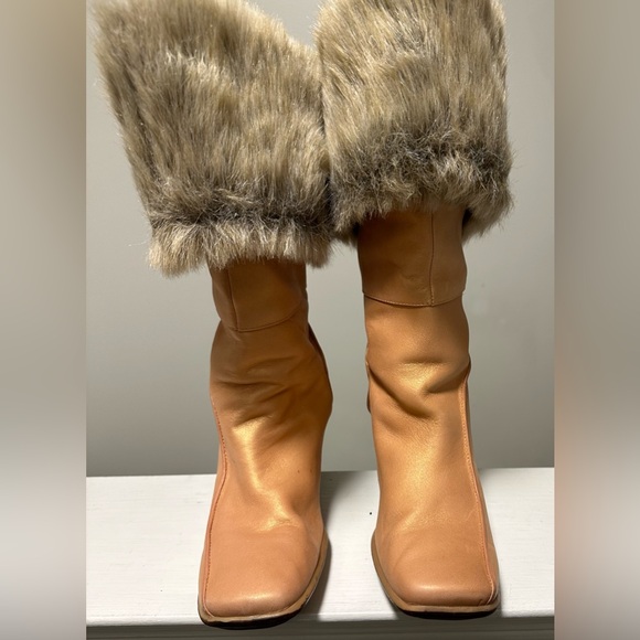 Vintage Timberland Baychester Fur Iridescent Peach leather Fold Down Boots sz 10 - Picture 2 of 4